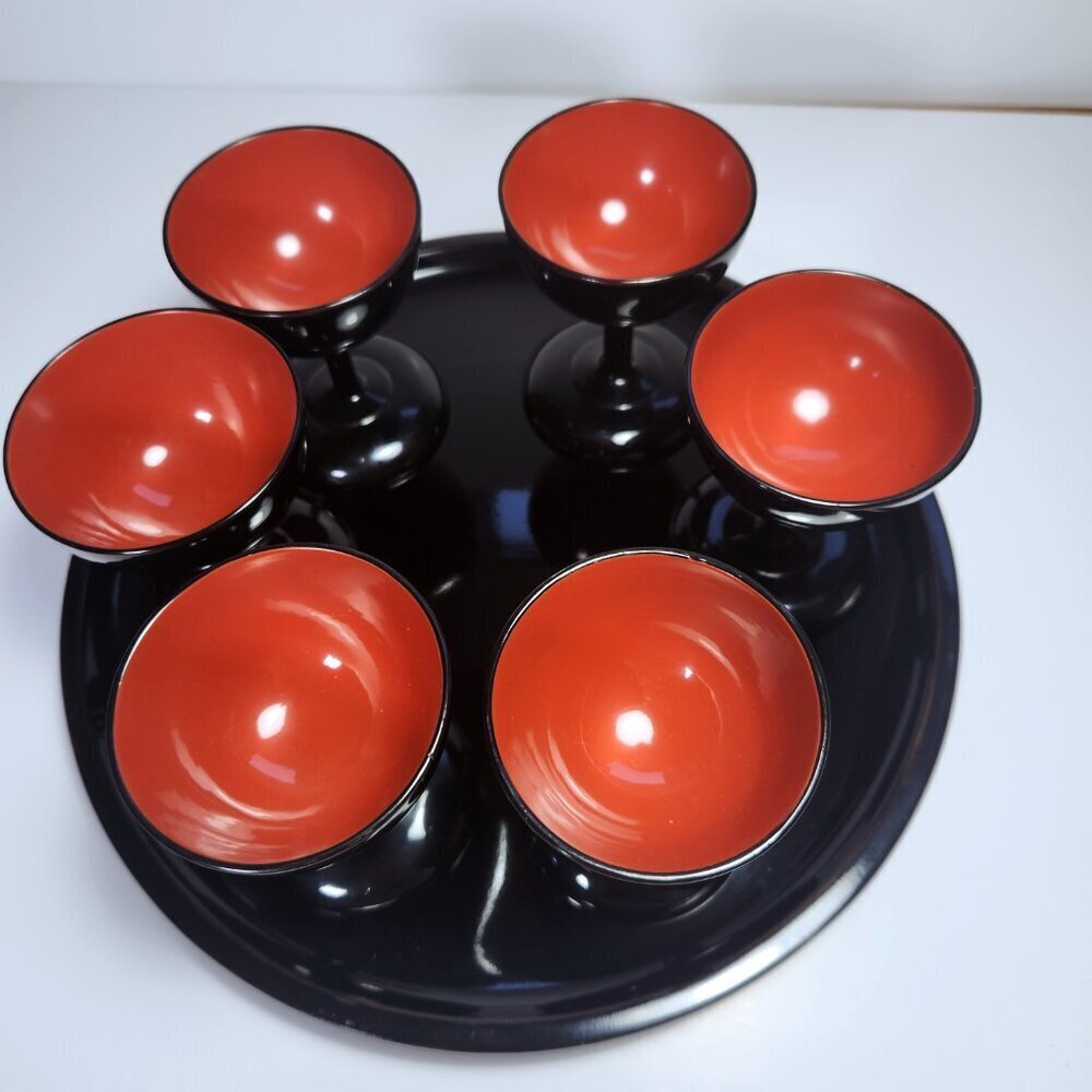 Vintage Okinawa Bembo Lacquerware Sake Set – 6 Cups + Tray – Japanese Decor - Picture 5 of 12